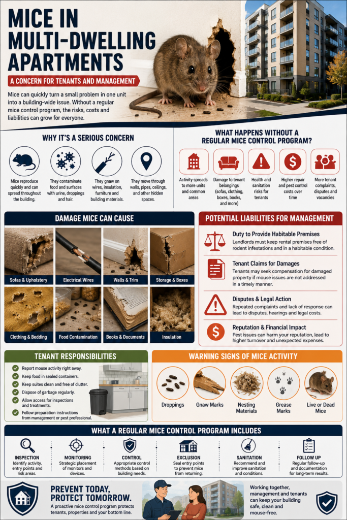Infographic explaining the risks of mice in multi-dwelling apartments, including contamination, property damage, tenant concerns, potential management liabilities, warning signs of mouse activity, tenant responsibilities, and the benefits of a regular mice control program.