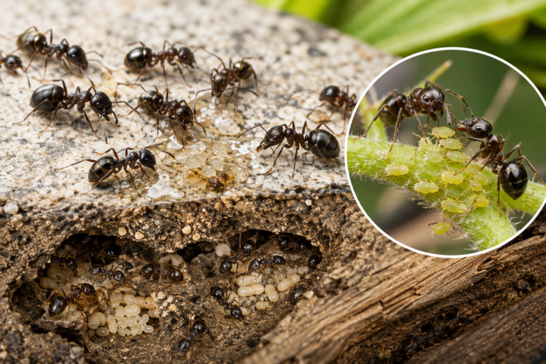 Odorous house ants (Tapinoma sessile) foraging on a surface, with a cutaway view of an underground nest containing workers and brood and an inset showing ants tending aphids.