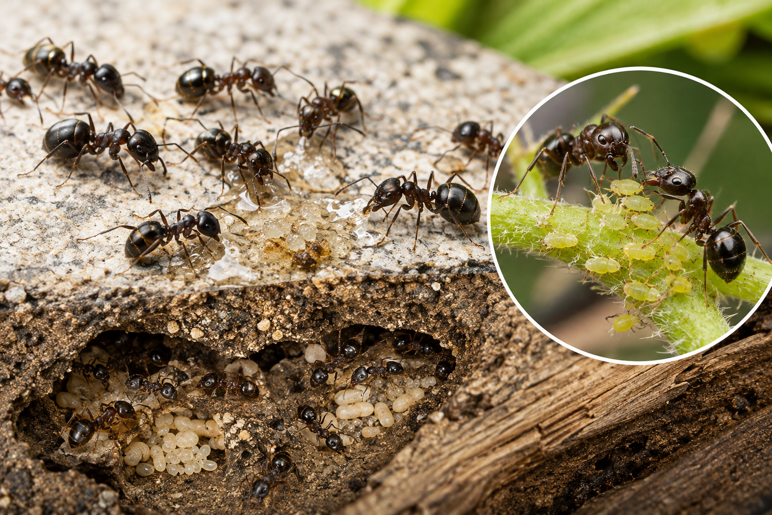 Odorous house ants (Tapinoma sessile) foraging on a surface, with a cutaway view of an underground nest containing workers and brood and an inset showing ants tending aphids.