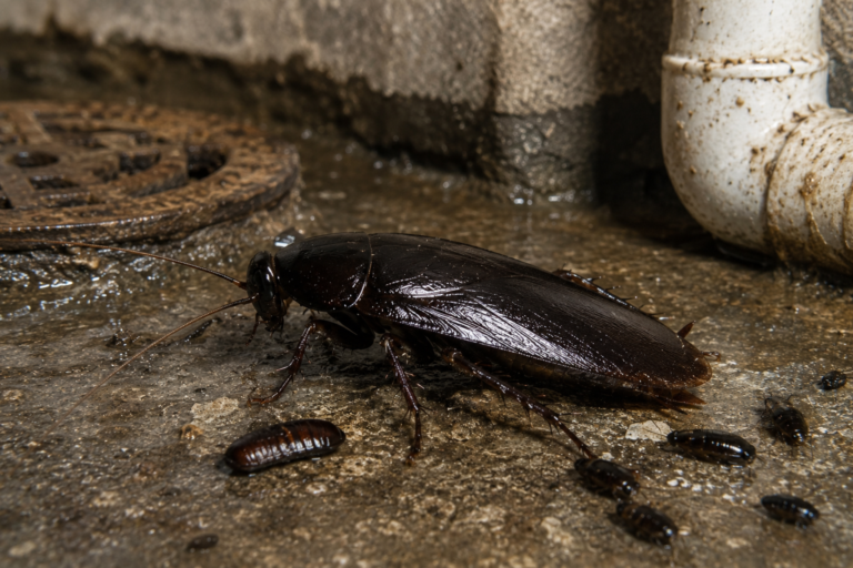 Oriental cockroach (Blatta orientalis) on a damp basement floor near a drain and plumbing, with cockroach nymphs nearby.
