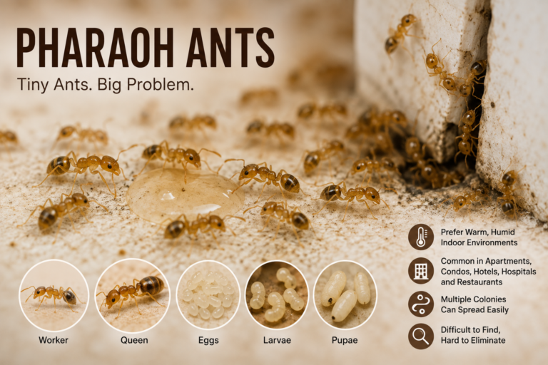 Pharaoh ants (Monomorium pharaonis) shown in a macro view with workers, queen, eggs, larvae, and pupae, highlighting their biology and indoor habitat.