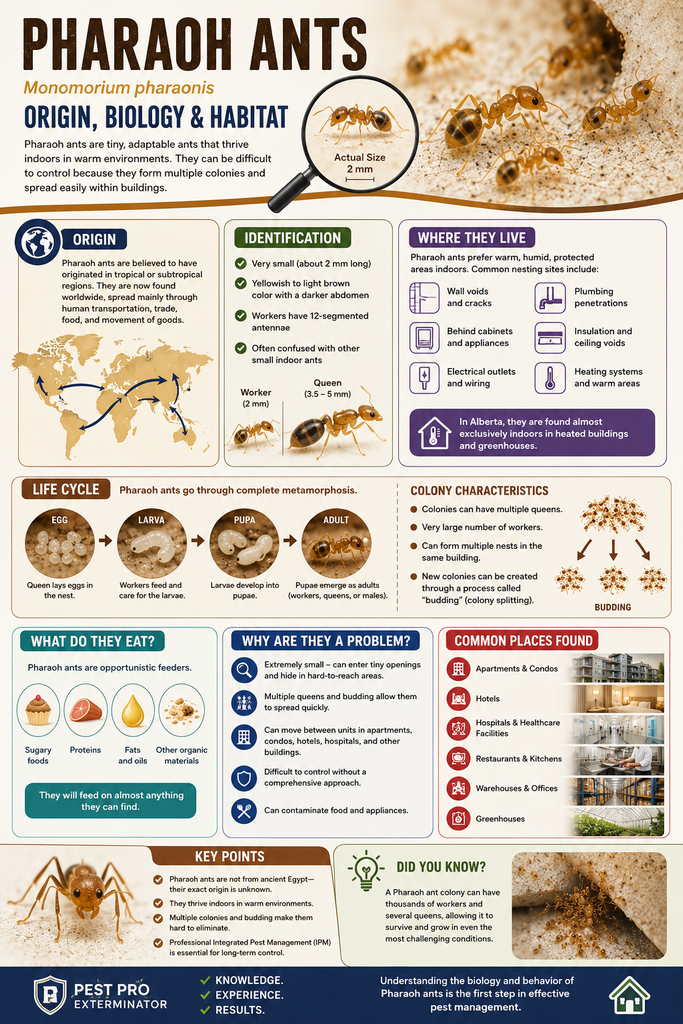 Educational infographic about Pharaoh ants (Monomorium pharaonis), showing their origin, biology, identification, life cycle, colony budding, diet, preferred warm indoor habitats, common locations, and why they are difficult to control.