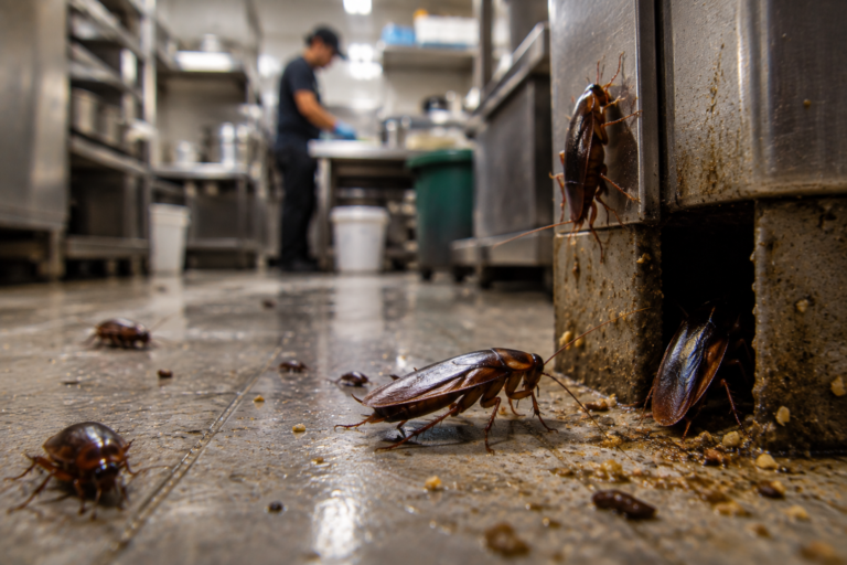 Multiple cockroaches crawling across the floor and around commercial kitchen equipment, with a worker blurred in the background.