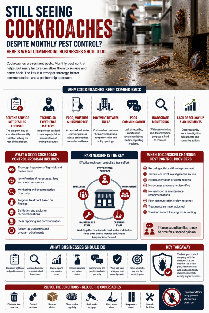 Infographic explaining why cockroaches may persist in commercial businesses despite monthly pest control, covering technician experience, food and moisture sources, hidden harbourage, movement between areas, communication, monitoring, follow-up, effective control practices, and when to consider changing pest control providers.