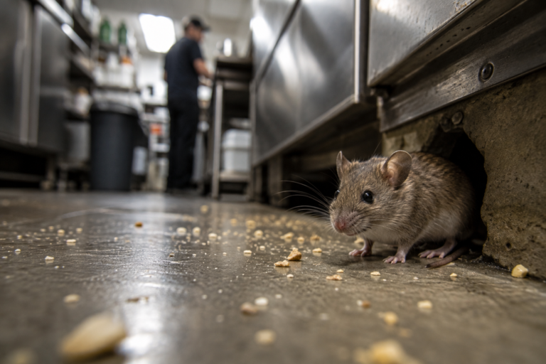 Mouse emerging from a wall opening beneath commercial kitchen equipment, with food crumbs scattered across the floor.