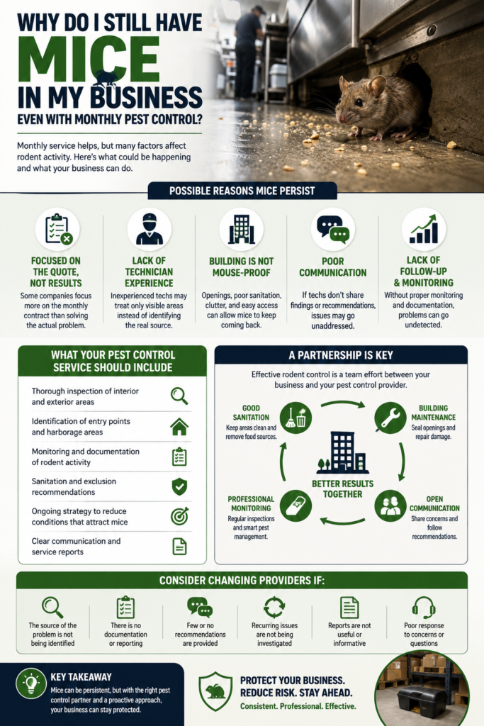 Infographic showing why mice can persist in commercial businesses despite monthly pest control, with sections on common causes, effective pest-control service, business-provider partnership, warning signs for changing providers, and proactive rodent prevention.