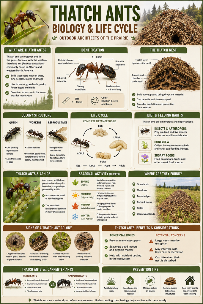 Educational infographic about thatch ants (Formica obscuripes), covering their identification, above-ground thatched nests, colony structure, life cycle, diet, relationship with aphids, seasonal activity in Alberta, habitat, ecological benefits, potential concerns, comparison with carpenter ants, and prevention tips.