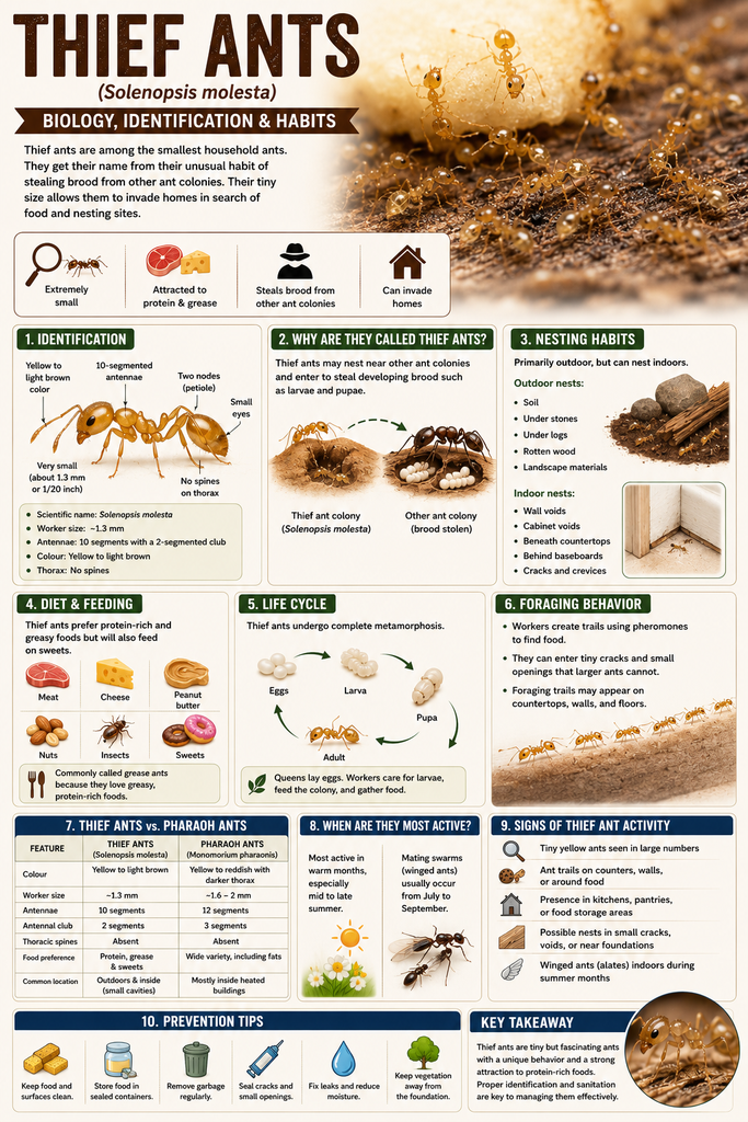 Educational infographic about thief ants (Solenopsis molesta) showing their identification features, extremely small size, yellow-to-light-brown coloration, nesting habits, brood-stealing behavior, diet of protein-rich and greasy foods, life cycle, foraging behavior, seasonal activity, signs of infestation, comparison with Pharaoh ants, and prevention tips.
