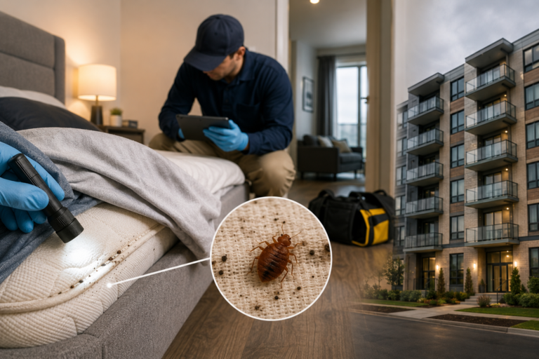 Professional pest control technician inspecting a mattress for bed bugs in an apartment, with a close-up view of a bed bug and an apartment building in the background.