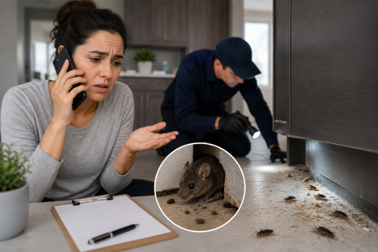 Tenant reporting a pest problem by phone while a pest control technician inspects cockroach and mouse activity inside a rental property.