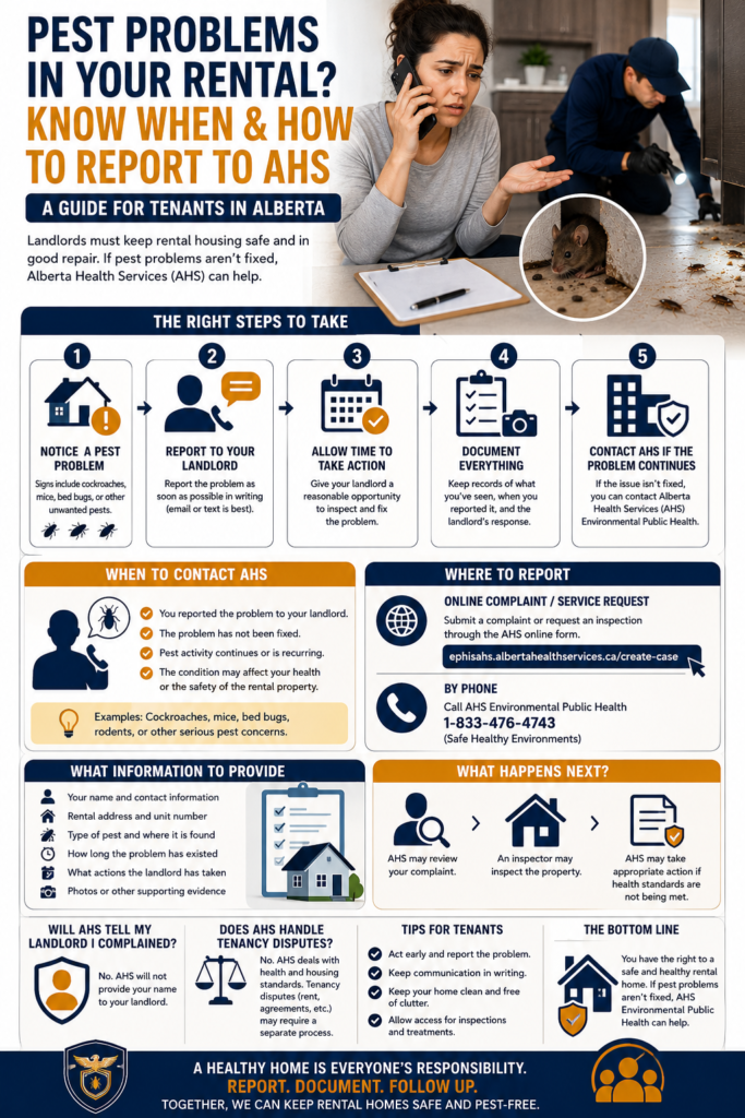 Infographic guiding Alberta tenants on when and how to report rental-property pest problems to Alberta Health Services, including notifying the landlord, documenting the issue, allowing time for corrective action, contacting AHS if the problem persists, and providing information for an Environmental Public Health complaint.