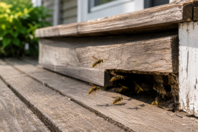 Wasps entering and leaving a hidden nest beneath a wooden deck step