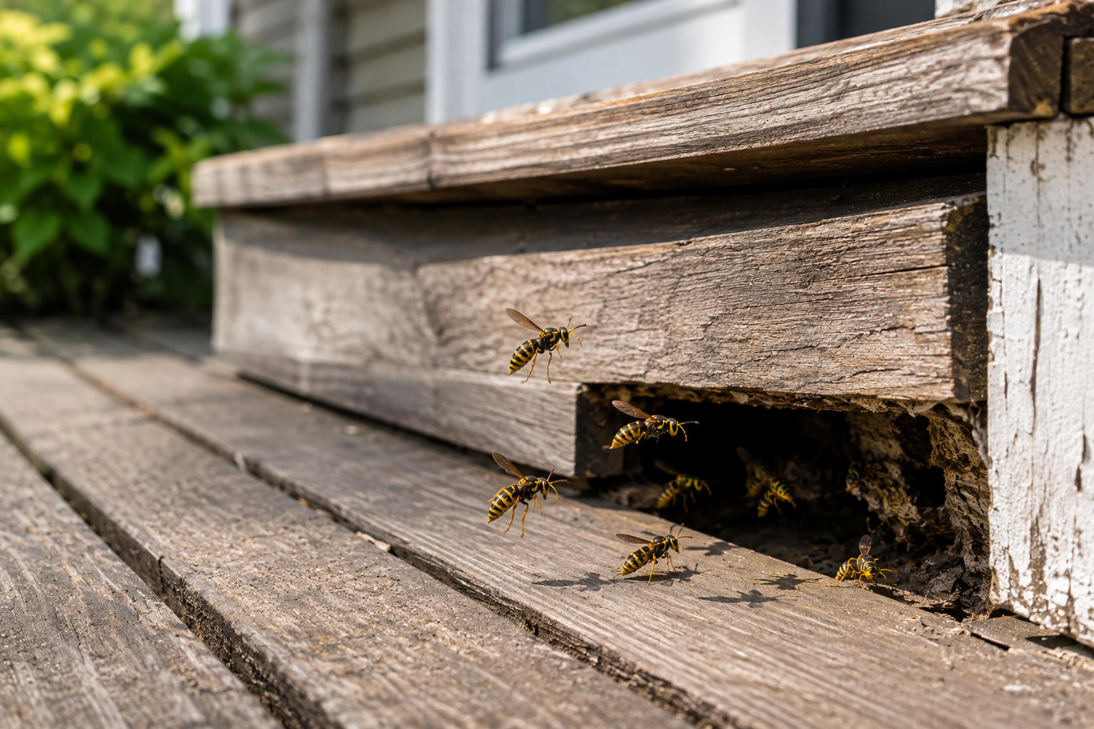 Wasps entering and leaving a hidden nest beneath a wooden deck step