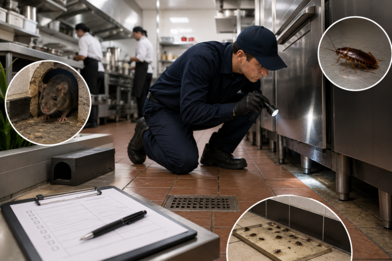 Commercial pest control technician inspecting beneath stainless-steel kitchen equipment while monitoring stations and signs of cockroach and rodent activity are visible throughout the food-service area.