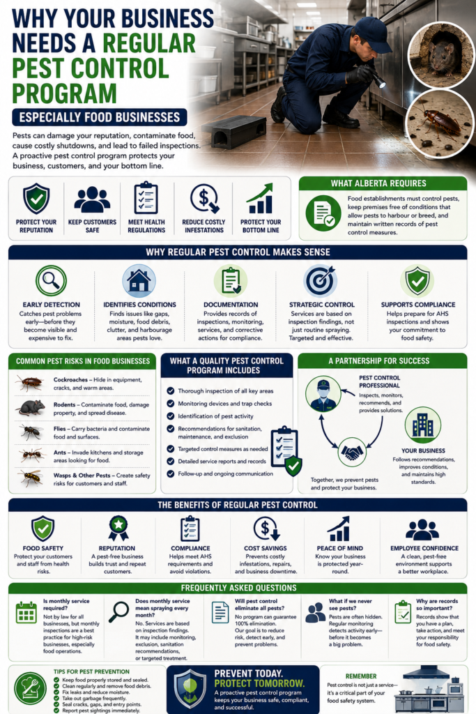 Infographic explaining why commercial businesses, especially food establishments, need a regular pest control program, highlighting Alberta pest-control requirements, early detection, monitoring, documentation, common pests, technician recommendations, food safety, compliance, prevention, and the benefits of proactive pest management.