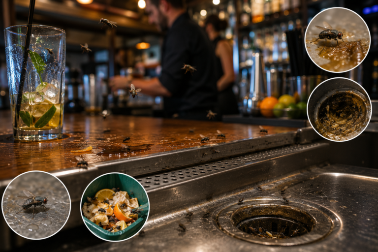 Flies gathering around spilled beverages, bar drains, wet surfaces, and organic waste in a busy restaurant or bar, illustrating conditions that can contribute to recurring fly infestations.