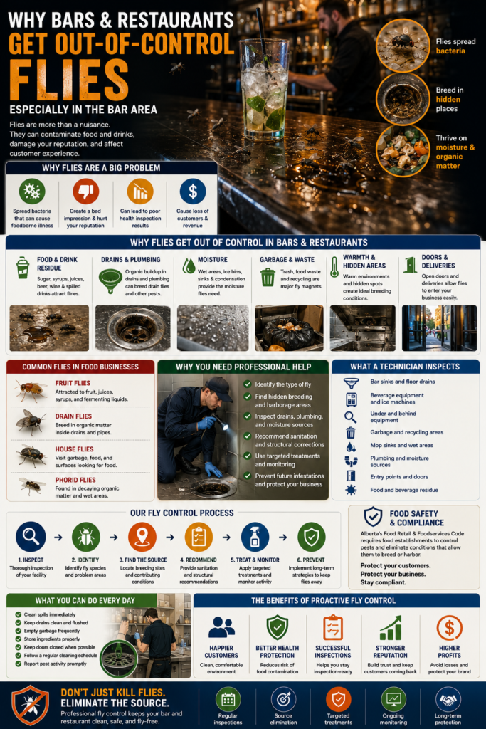 Infographic showing why bars and restaurants can develop severe fly infestations, highlighting common fly sources such as spilled drinks, drains, moisture, garbage, hidden harbourage, and open doors, along with professional inspection, treatment, prevention, food-safety compliance, and ongoing monitoring.