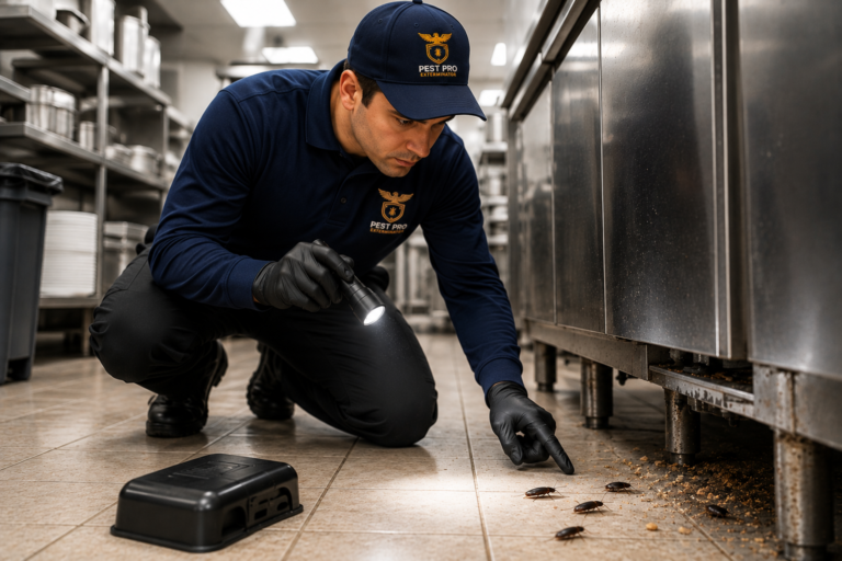 Pest control technician wearing a navy Pest Pro Exterminator uniform and branded cap inspecting cockroaches beneath commercial kitchen equipment with a flashlight.