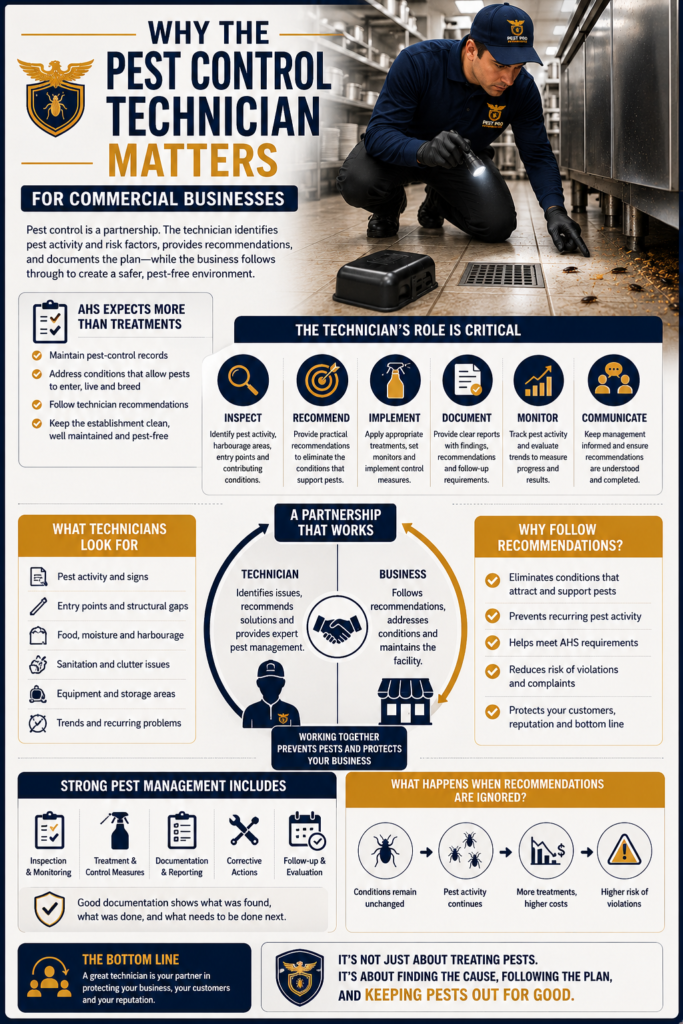 Infographic explaining why pest control technicians matter for commercial businesses, highlighting inspection, recommendations, treatment, documentation, monitoring, communication, AHS expectations, corrective actions, and the importance of following pest-control recommendations.