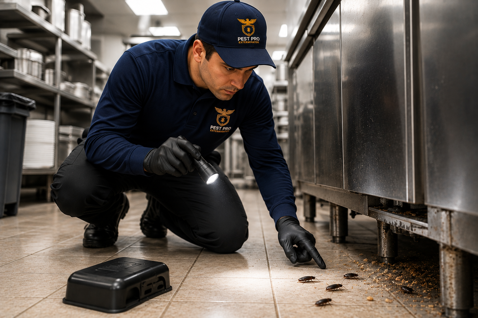 Pest control technician wearing a navy Pest Pro Exterminator uniform and branded cap inspecting cockroaches beneath commercial kitchen equipment with a flashlight.