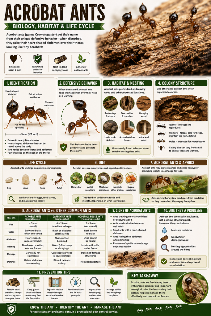 Educational infographic about acrobat ants (Crematogaster spp.) showing their identification features, heart-shaped abdomen and raised-abdomen defensive behavior, nesting in decaying wood, colony structure, life cycle, diet, relationship with aphids, signs of activity, comparison with carpenter and odorous house ants, and prevention tips for homes.