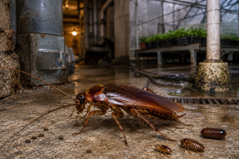 American cockroach in a warm, humid greenhouse environment near drains, pipes, and heating equipment in Alberta.