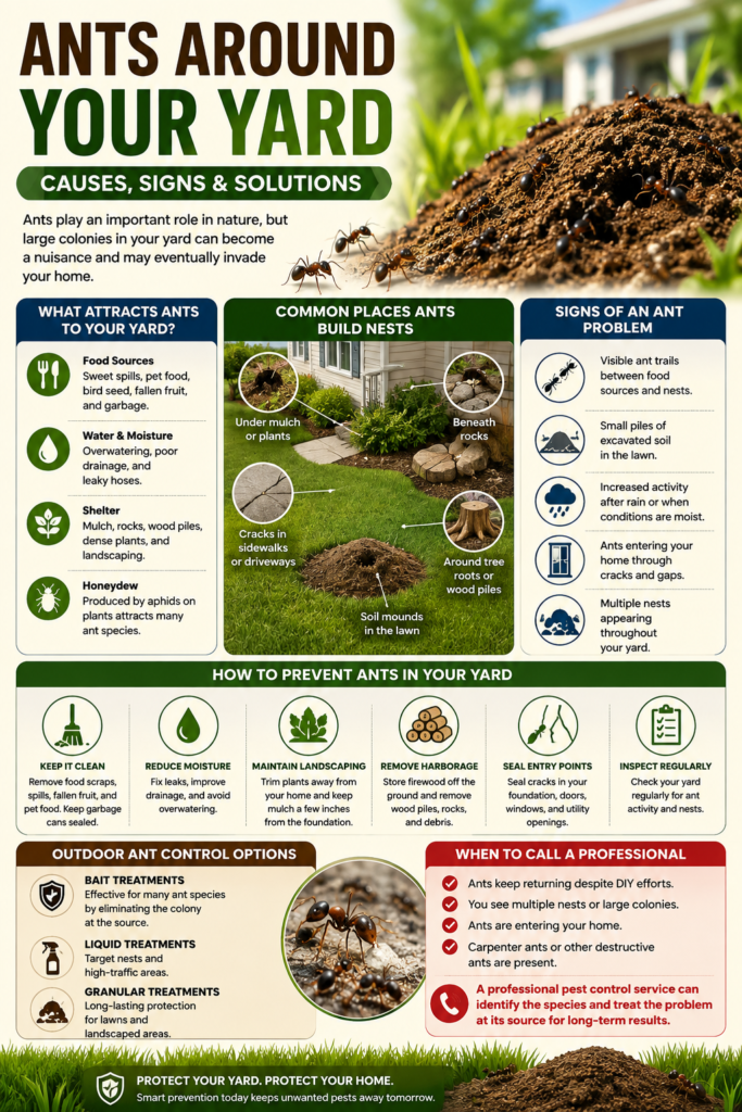 Infographic illustrating ants around a residential yard, showing what attracts ants, common nesting locations, signs of an infestation, prevention tips, outdoor ant control methods, and when to call a professional pest control service.