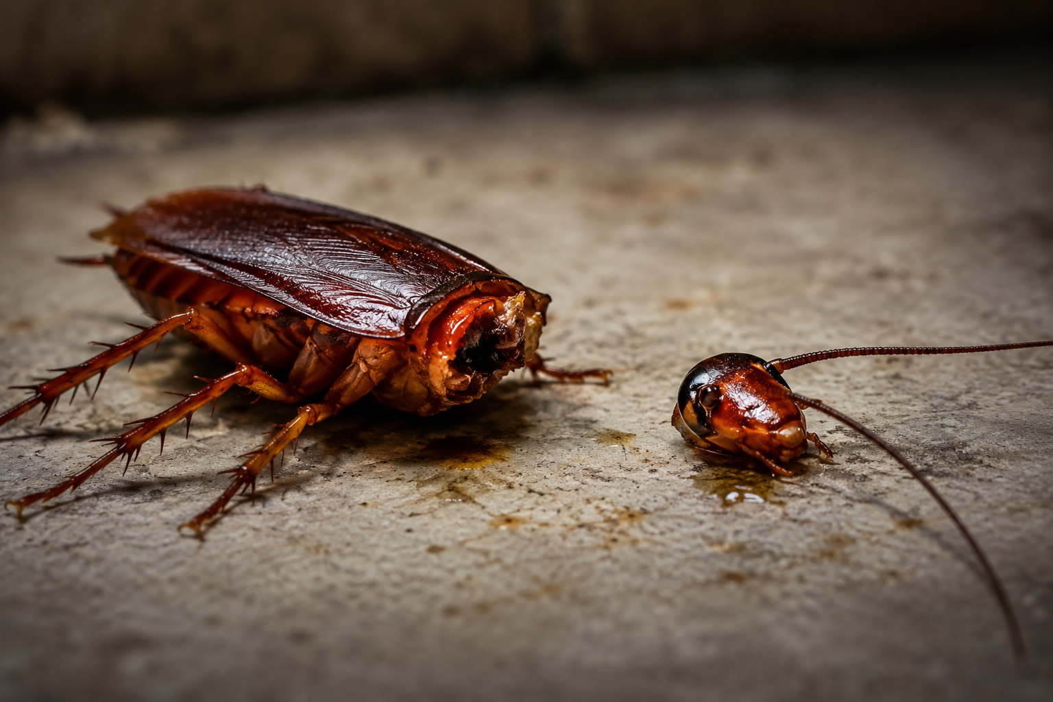Close-up of a headless cockroach beside its detached head on a tiled floor, illustrating the myth and science behind cockroach survival after decapitation.
