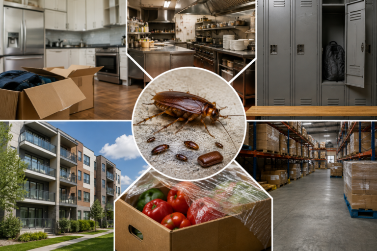 Photorealistic collage showing a cockroach at the center with surrounding scenes of a home kitchen, restaurant kitchen, employee lockers, condominium building, warehouse, and food shipment boxes, illustrating how cockroaches spread through cross-contamination.