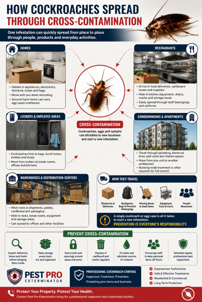 Infographic illustrating how cockroaches spread through cross-contamination between homes, restaurants, employee lockers, condominiums, warehouses, and deliveries, with prevention tips including inspections, sanitation, sealing entry points, moisture control, and professional pest management.