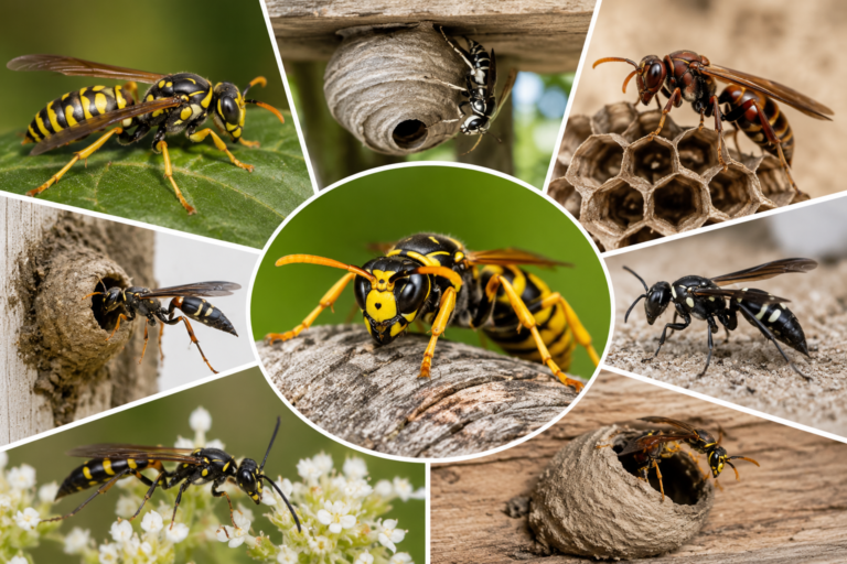 Featured image showing several types of wasps found in Alberta, including yellowjackets, paper wasps, bald-faced hornets, and solitary wasps near their nests and natural habitats.