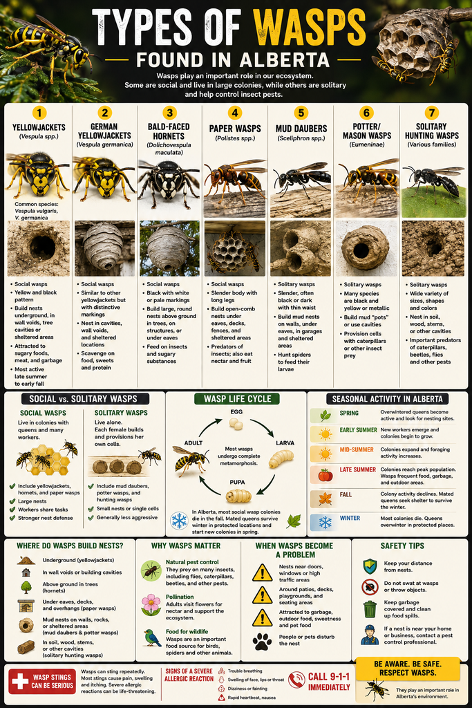 Infographic showing seven types of wasps found in Alberta, including yellowjackets, German yellowjackets, bald-faced hornets, paper wasps, mud daubers, potter and mason wasps, and solitary hunting wasps, with information about identification, nesting habits, life cycle, seasonal activity, ecological importance, pest concerns, and wasp safety.