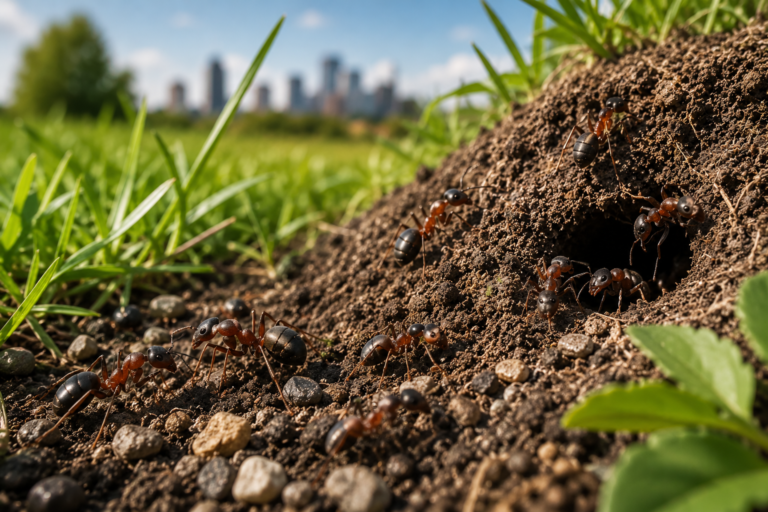 Field ants emerging from an outdoor soil nest in a Calgary lawn.