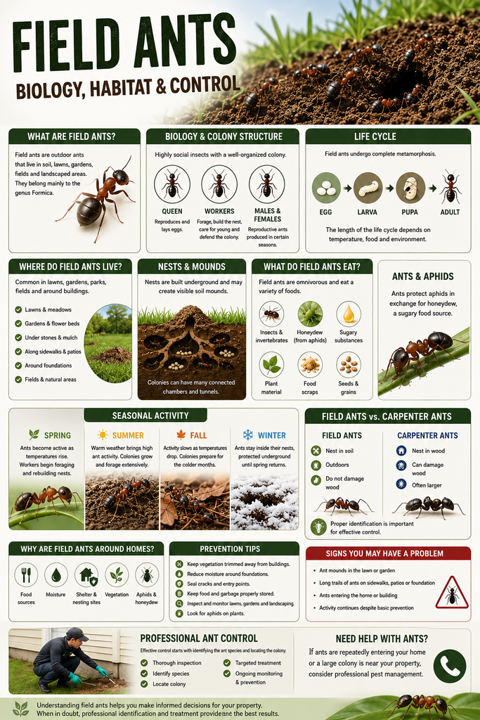 Educational infographic about field ants showing their biology, life cycle, nesting habits, diet, seasonal activity, prevention tips, and professional ant control.