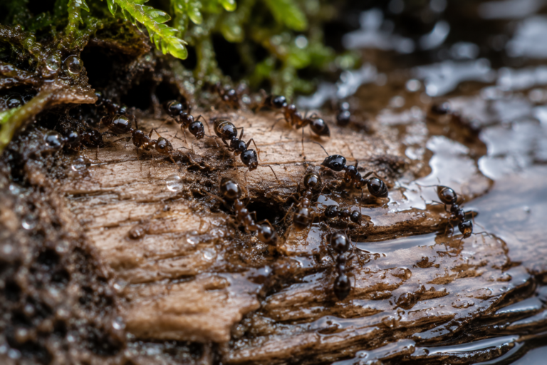 Moisture ants foraging on damp, decaying wood surrounded by water droplets, moss, and moist soil.