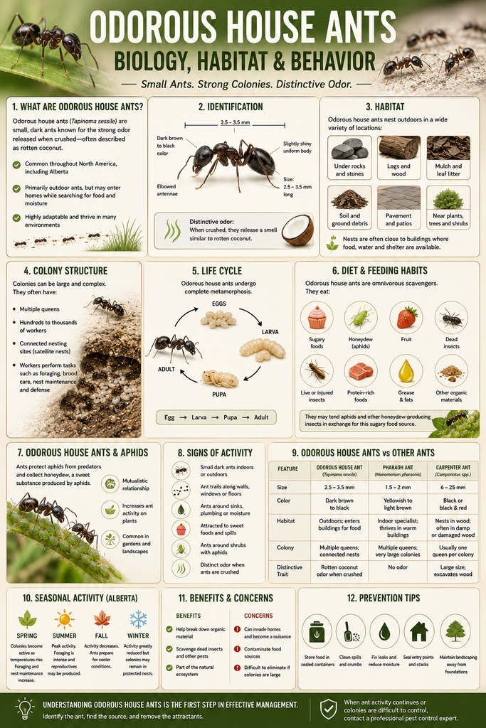 Educational infographic about odorous house ants (Tapinoma sessile), showing their identification, distinctive odor, habitat, colony structure, life cycle, diet, relationship with aphids, signs of activity, seasonal behavior in Alberta, comparison with Pharaoh and carpenter ants, ecological benefits, concerns, and prevention tips.
