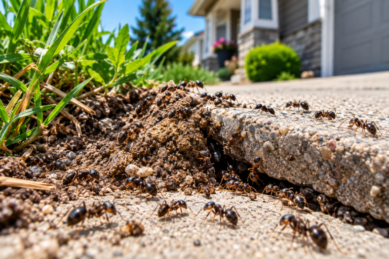 Close-up of pavement ants (Tetramorium immigrans) emerging from a nest beneath a cracked concrete sidewalk beside a residential home, illustrating their common urban nesting habitat.