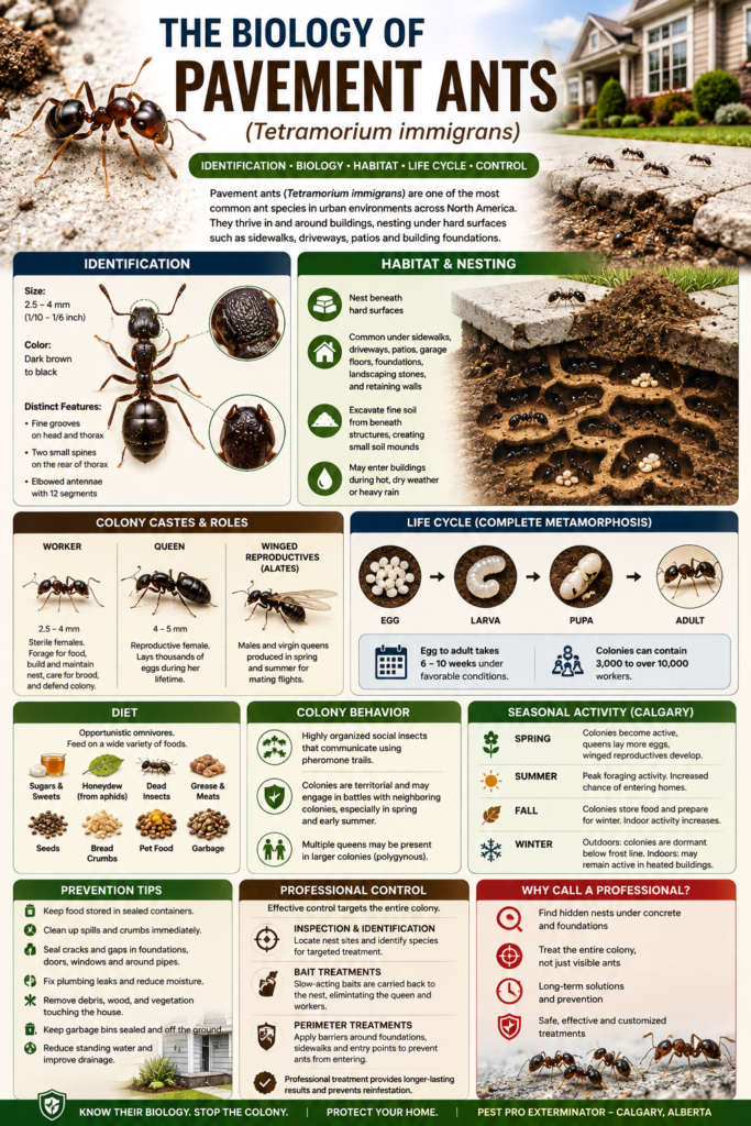 Infographic explaining the biology of pavement ants (Tetramorium immigrans), including identification, life cycle, nesting habitat, colony structure, feeding habits, seasonal activity, home invasion risks, prevention tips, and professional ant control methods for residential properties.