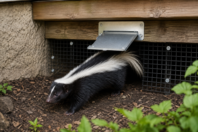 Skunk emerging from beneath a wooden deck through a one-way wildlife exclusion door and protective wire mesh barrier.