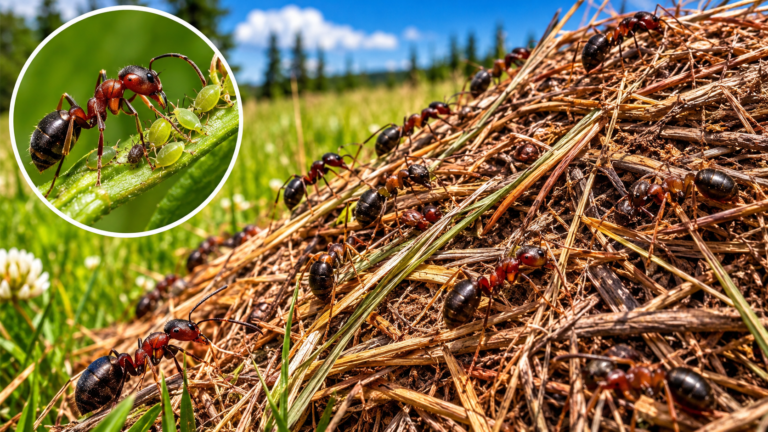 Thatch ants (Formica obscuripes) covering a large nest made of dry grass, pine needles, and twigs, with an inset showing a thatch ant tending aphids on a plant.