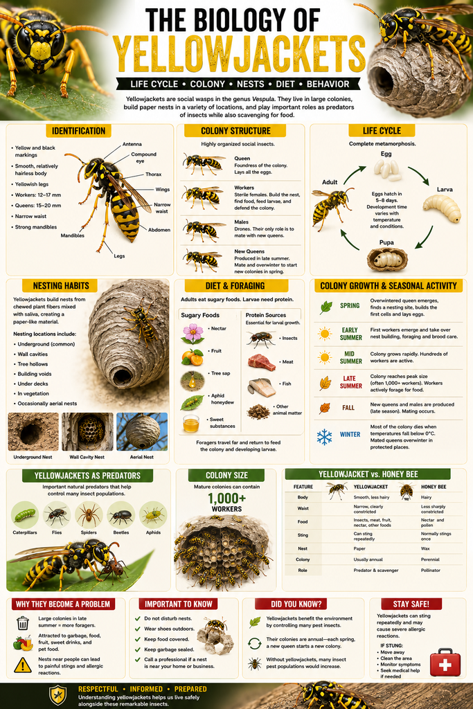 Educational infographic about yellowjacket biology, showing identification features, colony structure, life cycle, nesting habits, diet and foraging, seasonal activity in Alberta, colony growth, predatory behavior, differences between yellowjackets and honey bees, common pest concerns, safety tips, and ecological importance.