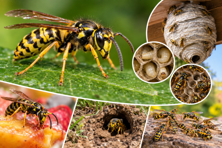 Yellowjackets (Vespula spp.) shown in close-up with their paper nest, larvae, nest cells, feeding behavior, and underground nesting habitat.