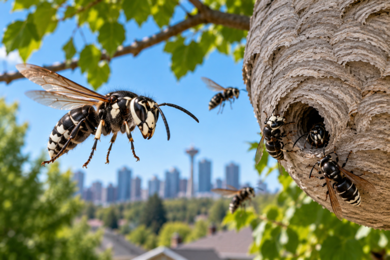 Bald-faced hornets around a large paper nest on a tree branch