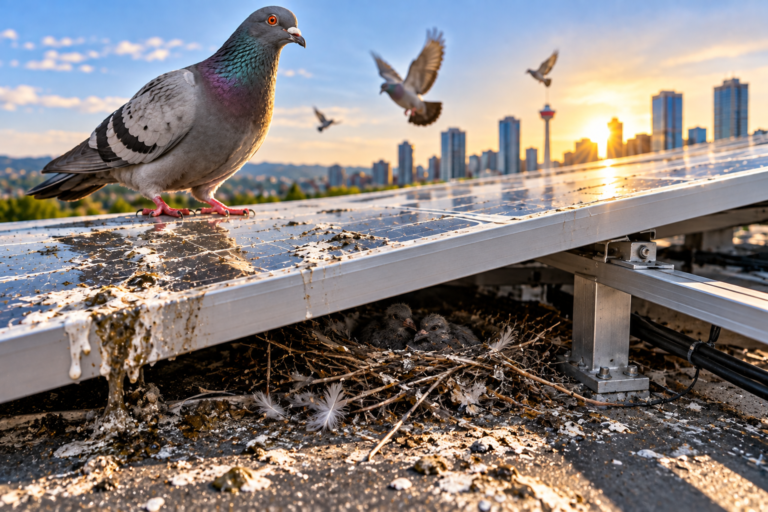 Pigeon nesting beneath solar panels with fresh droppings and nesting debris on a rooftop