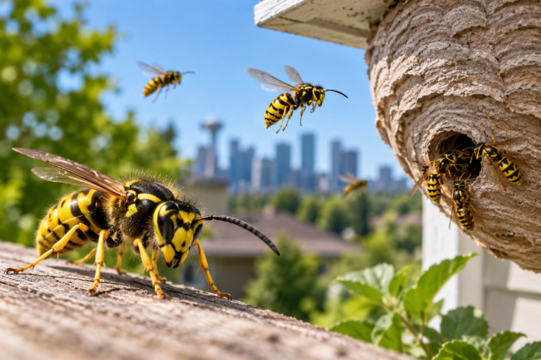 German yellowjackets around a paper nest on a building exterior in Calgary