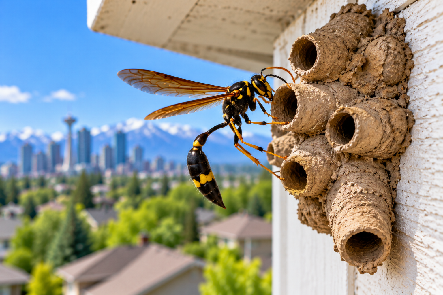 Mud dauber wasp building a mud nest on a house exterior in Calgary