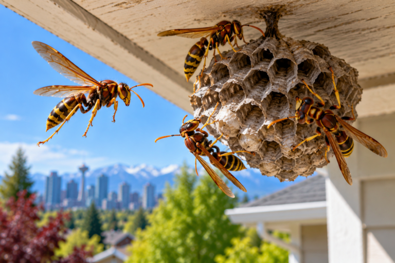 Paper wasps around an open-comb nest beneath a building soffit in Calgary